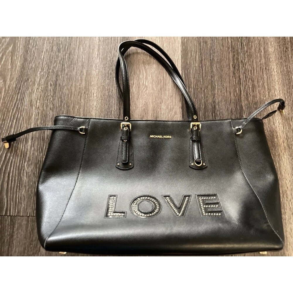 Michael Kors Limited Edition Leather Voyager Love Tote Large Black Canvas - Picture 3 of 16